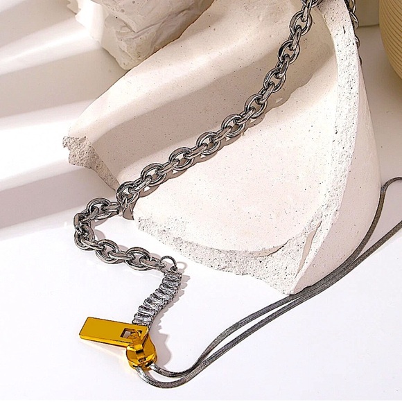 Sterling Silver Chain Link Zircon Zipper Herringbone Punk Choker Necklace - Picture 9 of 14